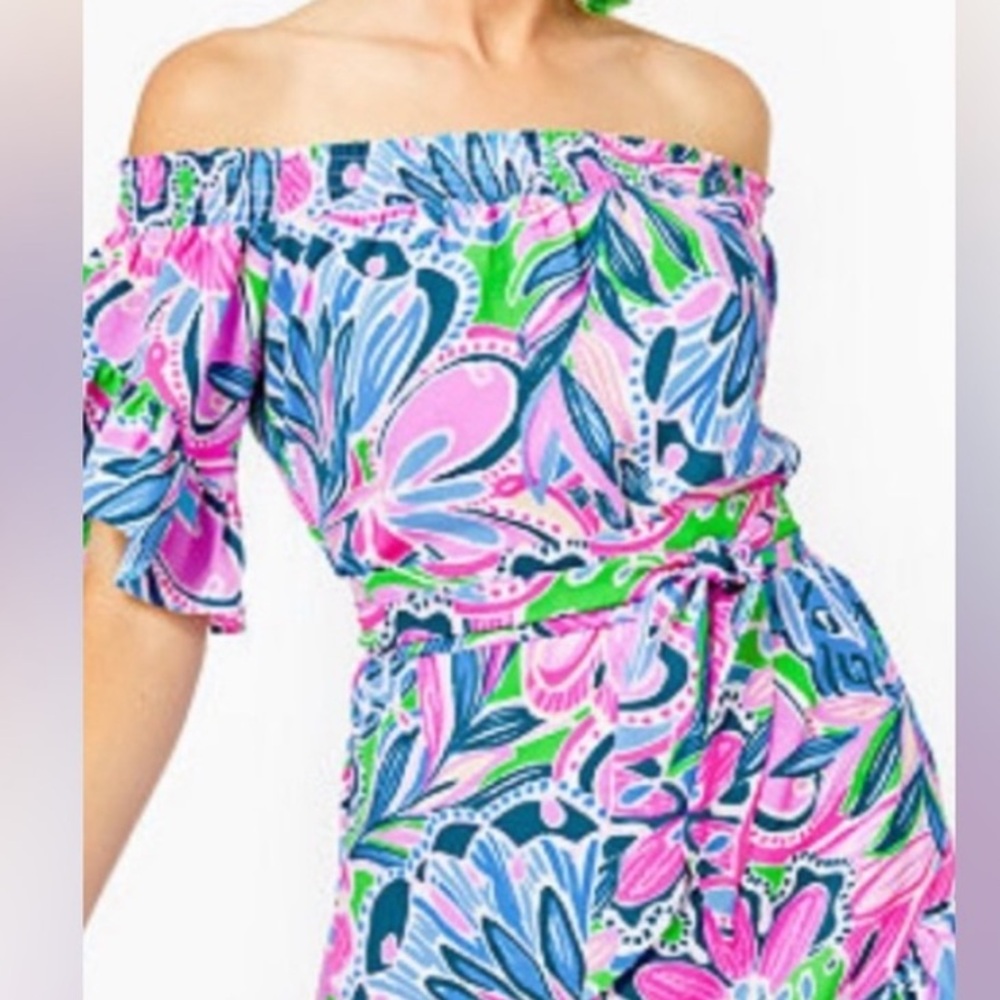Lilly Pulitzer NWT Maddlyn Off Shoulder stretchy Dress Tiger Sunrise sundress L - Picture 7 of 9